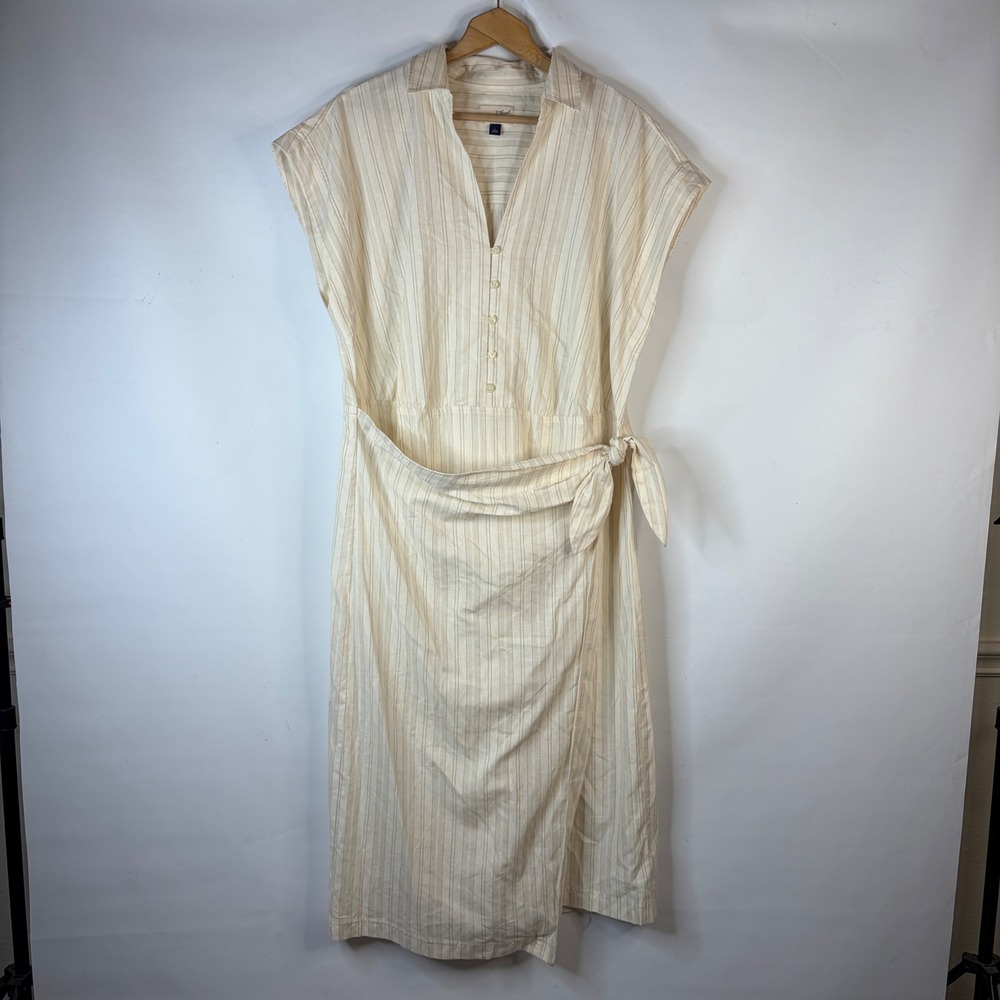 Universal Thread Midi Dress Womens Large Cream Striped Wrap Side Tie Cap Sleeve